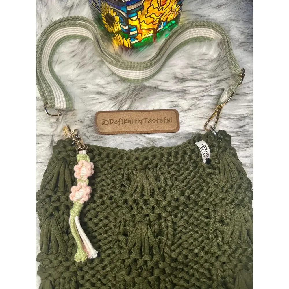 Hand Knit Olive T-Shirt Yarn Crossbody Bag: Guitar Strap Purse